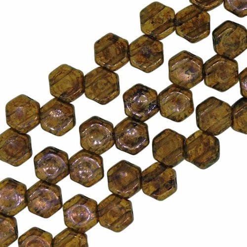 Honeycomb Beads 2-Hole Czech Glass 6mm 30pcs Topaz Bronze Picasso